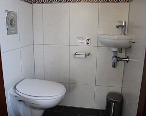 Compacte badkamer in Vakantiehuis Gortersmient 216, De Dennen, Texel met toilet en wastafel.