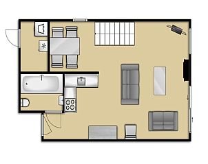 Erdgeschossplan Ferienhaus Gortersmient 282, De Dennen, Texel, zeigt die Einteilung fr einen komfortablen Aufenthalt auf den Watteninseln.