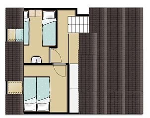 Grundriss Obergeschoss Ferienhaus Gortersmient 282, De Dennen, Texel, zeigt die Schlafbereiche fr Ihren Urlaub auf den Watteninseln.