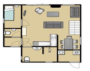 Erdgeschossplan Ferienhaus Gortersmient 210, De Dennen, Texel mit Kche und Wohnzimmer.