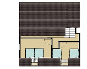 Grundriss Obergeschoss Ferienhaus Gortersmient 210, De Dennen, Texel mit Schlafzimmern.