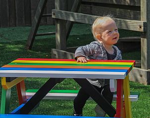 Bunter Kindersitz auf dem Spielplatz des Ferienhauses Ekster, De Dennen, Texel, fr einen frhlichen Urlaub auf den Watteninseln.