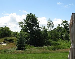 Uitzicht vanaf Vijverhof vakantiehuis in De Dennen, Texel op groene velden en blauwe lucht.