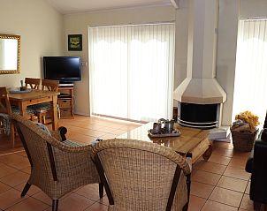 Woonkamer met open haard en televisie in Vakantiehuis Gortersmient 264, De Dennen, Texel.