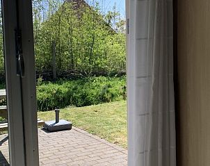 Uitzicht vanuit Chalet nr. 12 in Midsland Noord, Terschelling, op de groene omgeving voor een rustgevende vakantie-ervaring.