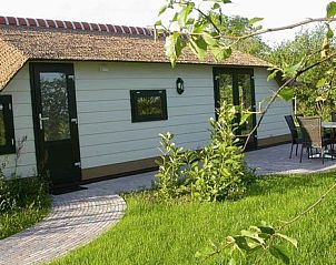 Gezellige patio van 2 pers. cottage in Midsland Noord, Terschelling, omgeven door groen, perfect voor buiten dineren.