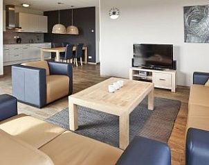 Moderne woonkamer van 2 pers. cottage in Midsland Noord, Terschelling met comfortabele banken en open keuken.