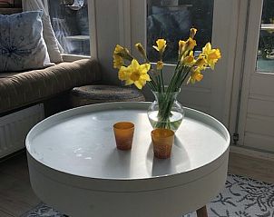Stijlvolle salontafel met bloemen in Chalet DOMETO, Midsland Noord, straalt gezelligheid uit.