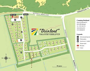 Plattegrond van Camping Duinland met 't Snitserleven Chalet in Midsland Noord, Terschelling.