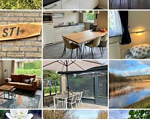 Collage van Esti bungalow, Ballum, Ameland met interieur en omgeving.