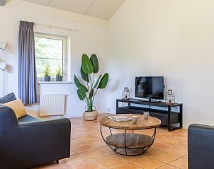 Gezellige zithoek in Arcoz vakantiehuis, Ballum, Ameland met tv en planten.