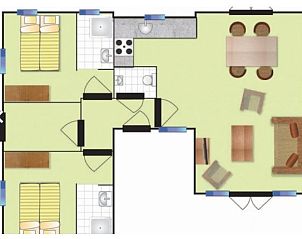 Grundriss des BRANDING 4 Ferienhauses in Hollum Ameland, zeigt die Aufteilung der Zimmer und Wohnrume auf den Watteninseln.
