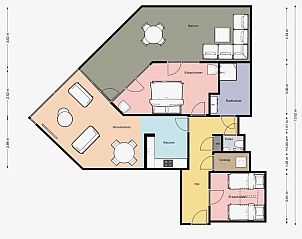 Plattegrond van Zand appartement, Nes, Ameland, met indeling van kamers en ruimtes.