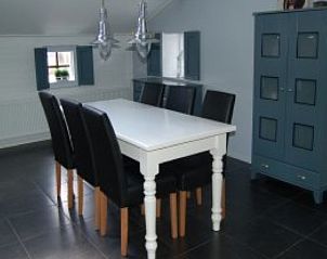 Eetkamer in vakantiehuis Henny, Schiermonnikoog, voorzien van een ruime tafel en stijlvolle stoelen op de Waddeneilanden.