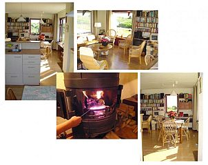 Gezellige woonkamer van Casa Maris, Schiermonnikoog, met open haard en comfortabele zithoek.